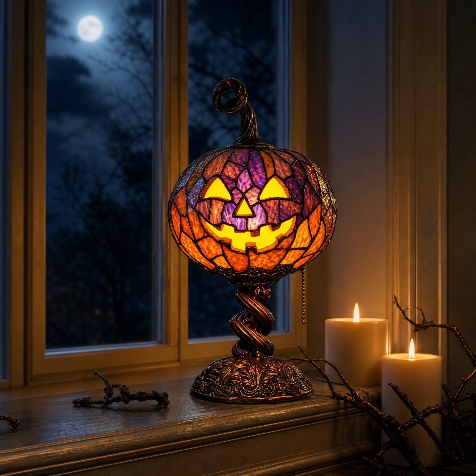 SCNOR Vintage Stained Glass Pumpkin Table Lamp, USB Powered Jack O Lantern Night Light for Halloween Fall Mantel Decor
