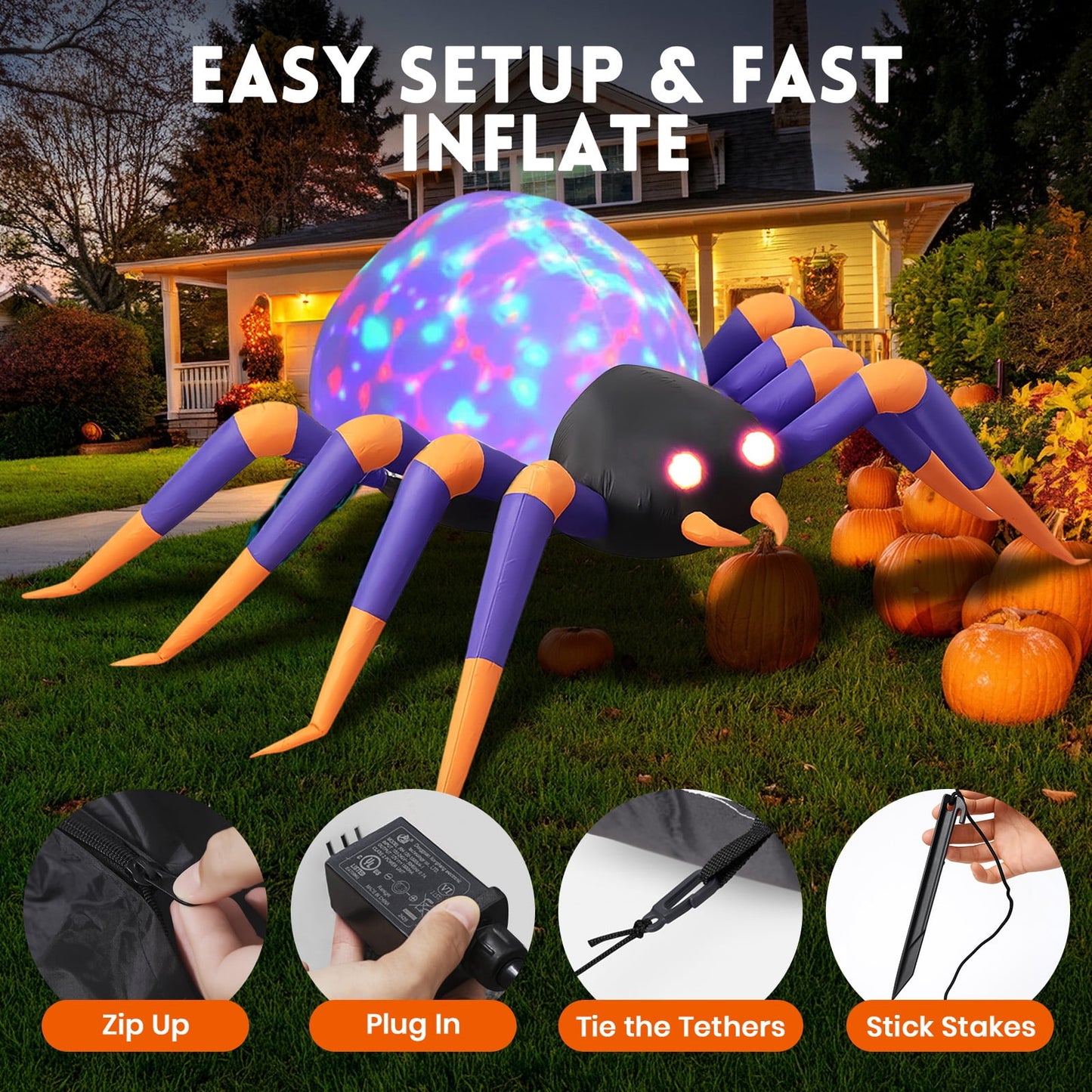 GVDV 8 FT Halloween Spider Inflatables Outdoor Decorations, Blow Up Yard Decoration with Built-in LED Lights for Holiday, Party, Yard, Garden
