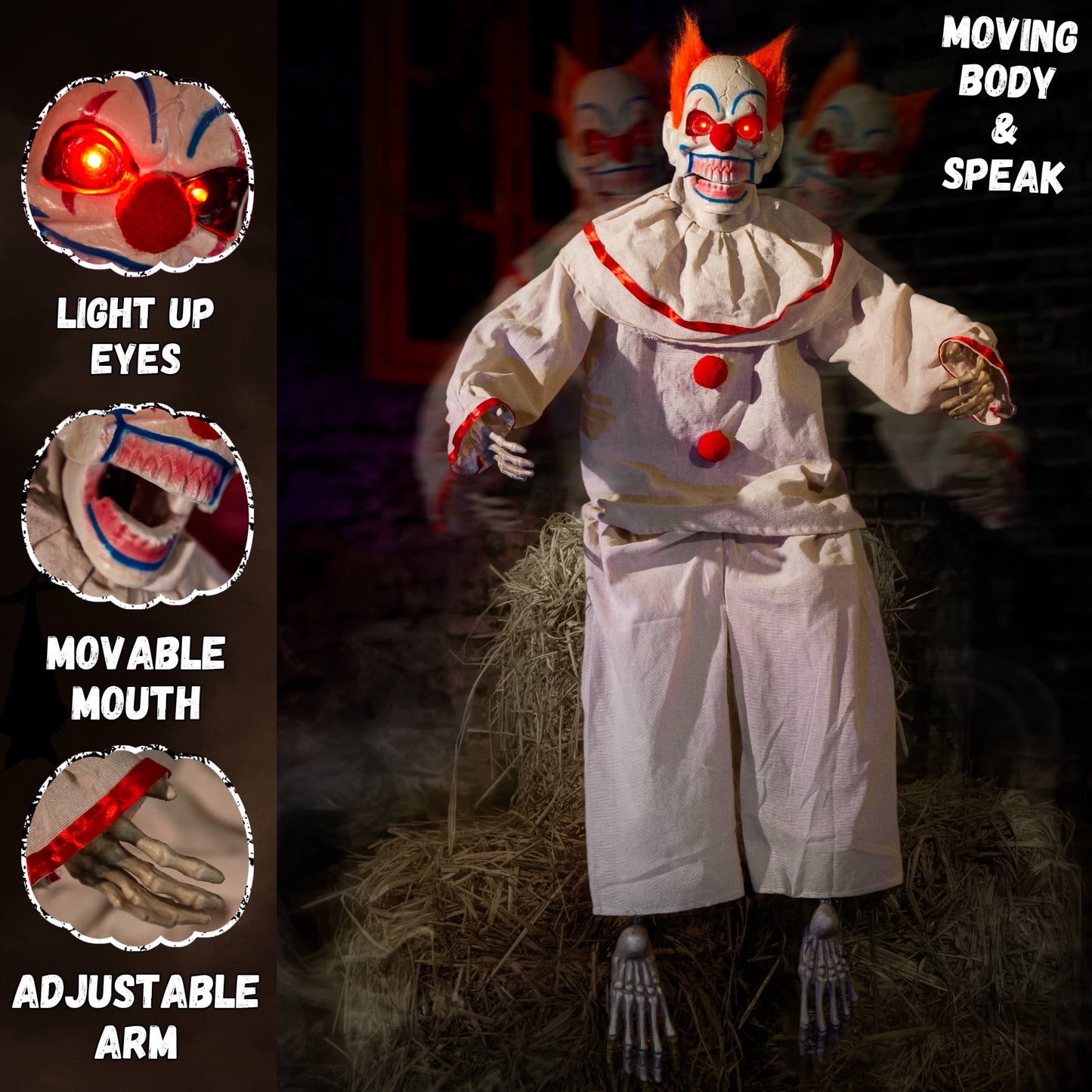 Halloween Animatronic Sitting Clown Animated Decorations - Sound Activated with Creepy Sound, Light Up Eyes, Scary Move, Haunted House Holiday Spooky Decor Horror Prop, for Indoor Outdoor