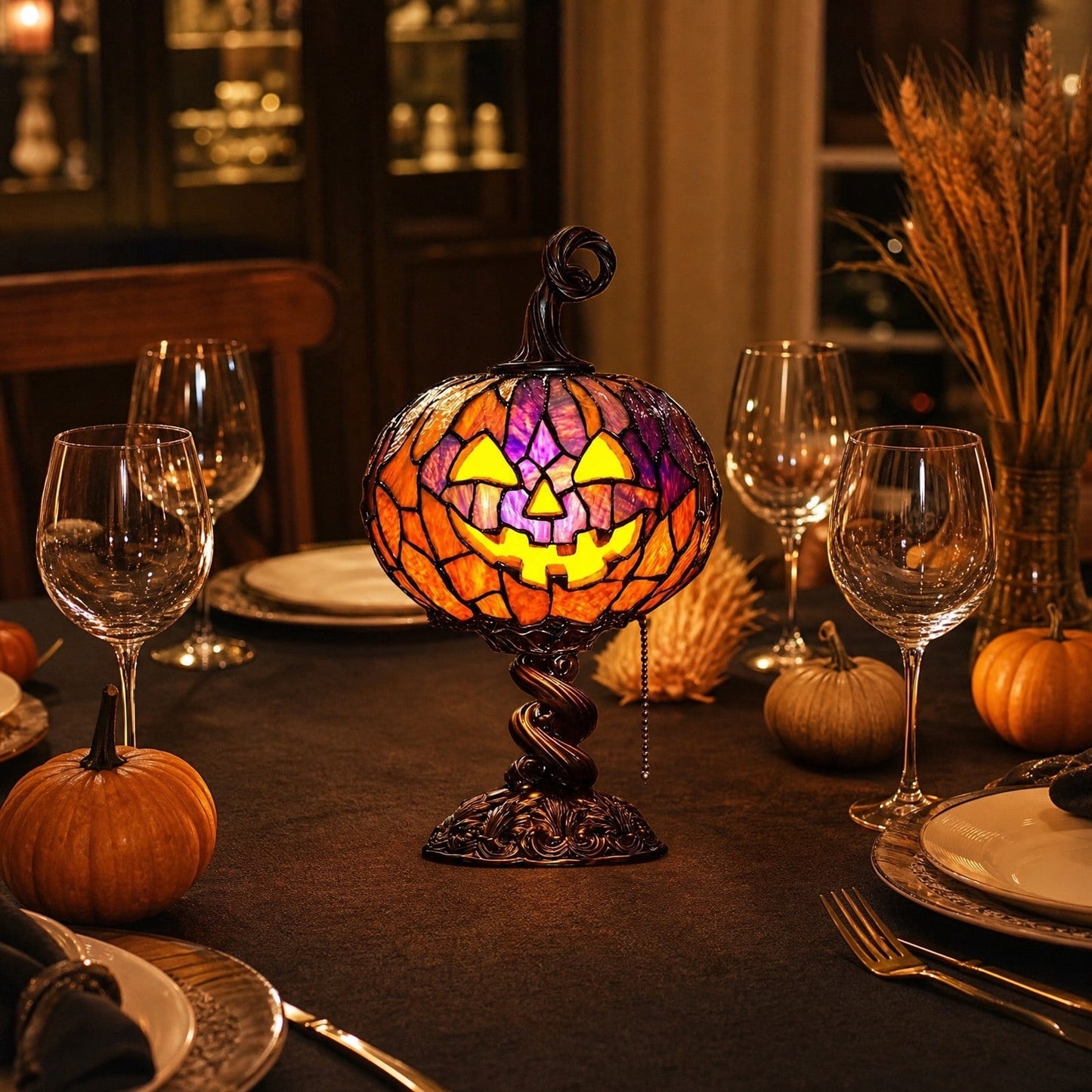 SCNOR Vintage Stained Glass Pumpkin Table Lamp, USB Powered Jack O Lantern Night Light for Halloween Fall Mantel Decor