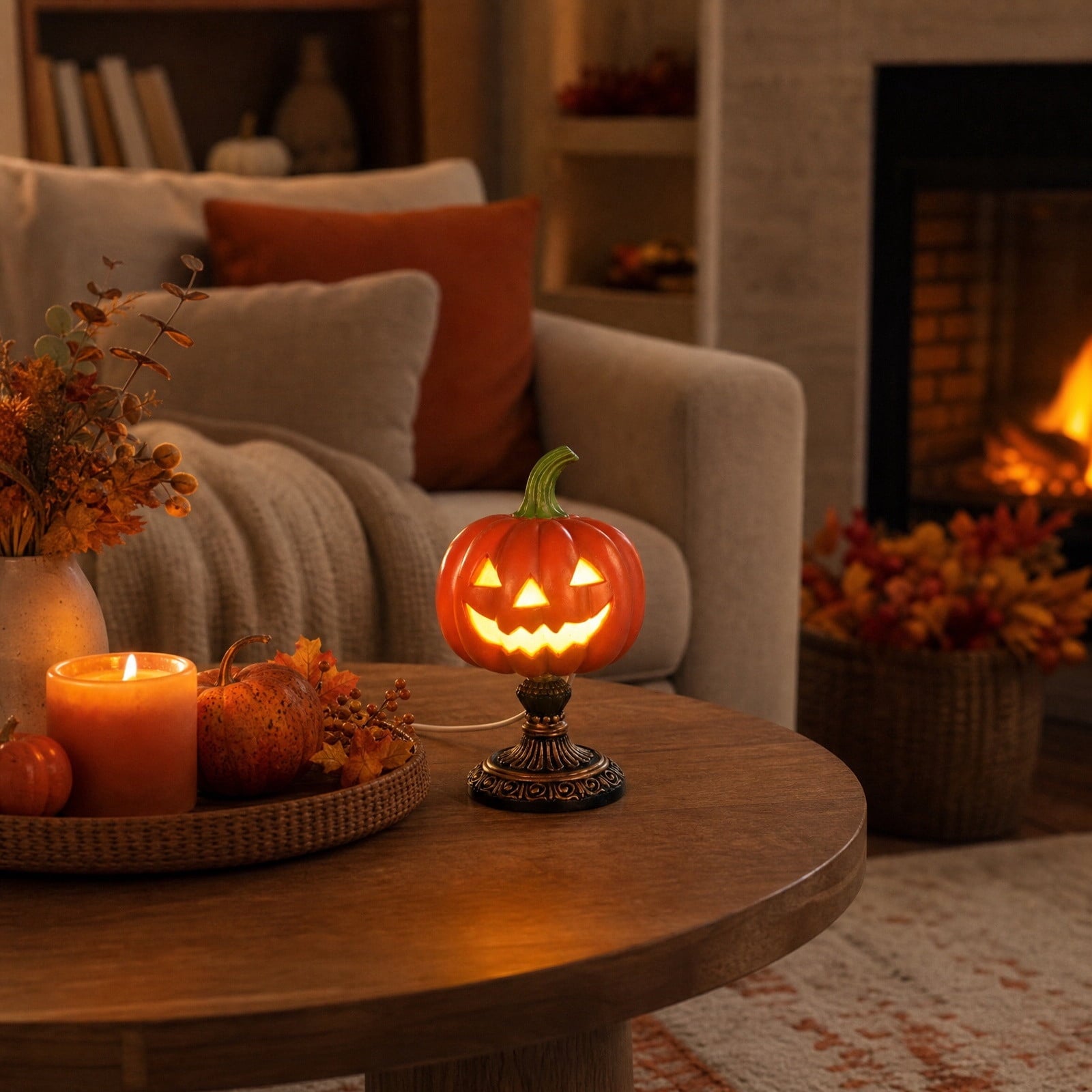 Halloween Pumpkin Table Lamp 7.6 Inch, Jack O Lantern Nightlight, Vintage Resin Base Light, Spooky Cute Room Decor Accent