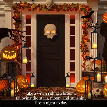 13"+17" Black Candle Lanterns, Metal Decorative Lanterns for Outdoor & Indoor with Flameless LED Candles, Halloween & Christmas Use Modern Patio Porch Garden Floor Decor